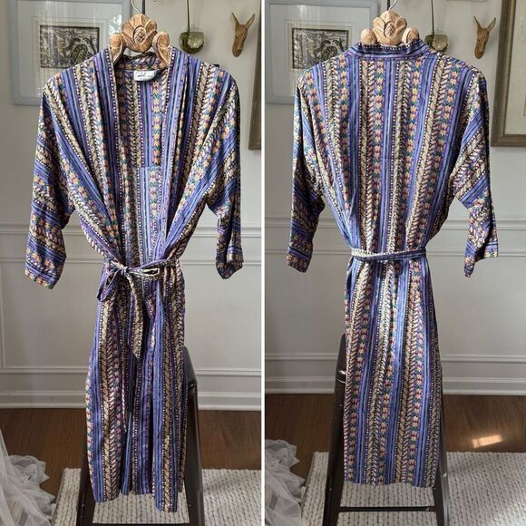 Vintage 90s Jacobson’s Lightweight Tribal Print Robe Purple Green Tan OSFM Unise - Picture 1 of 6